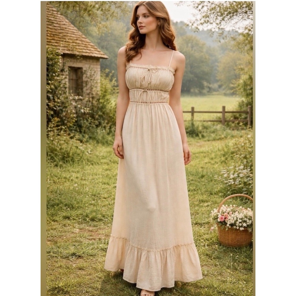 Sincerely Jules Cream Boho Maxi Dress Cottagecore Cotton Blend Ivory Small S